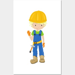Construction Worker, Blond Hair, Cute Boy, Hammer Posters and Art